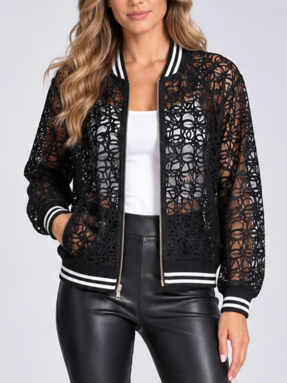 HARLOWE & GRAHAM Bomber Jacket Black Floral Lace Varsity Stripe Hem SZ M